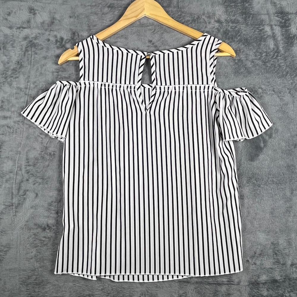 Soho Jeans Womens XS Black White Striped Cold Shoulder Blouse Summer Top - Picture 10 of 16